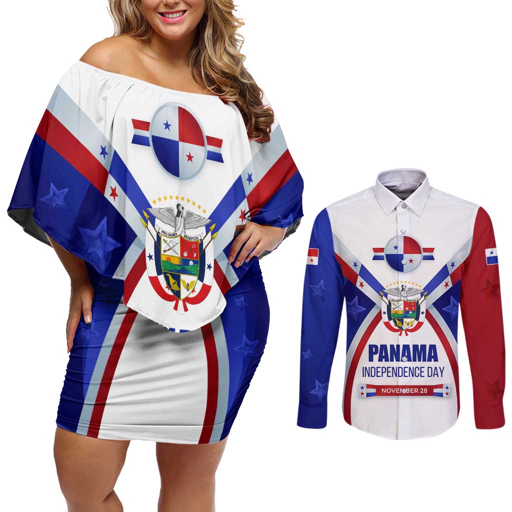 Panama Independence Day Couples Matching Off Shoulder Short Dress and Long Sleeve Button Shirt with National Coat of Arms and Red Blue Star Design - Wonder Print Shop