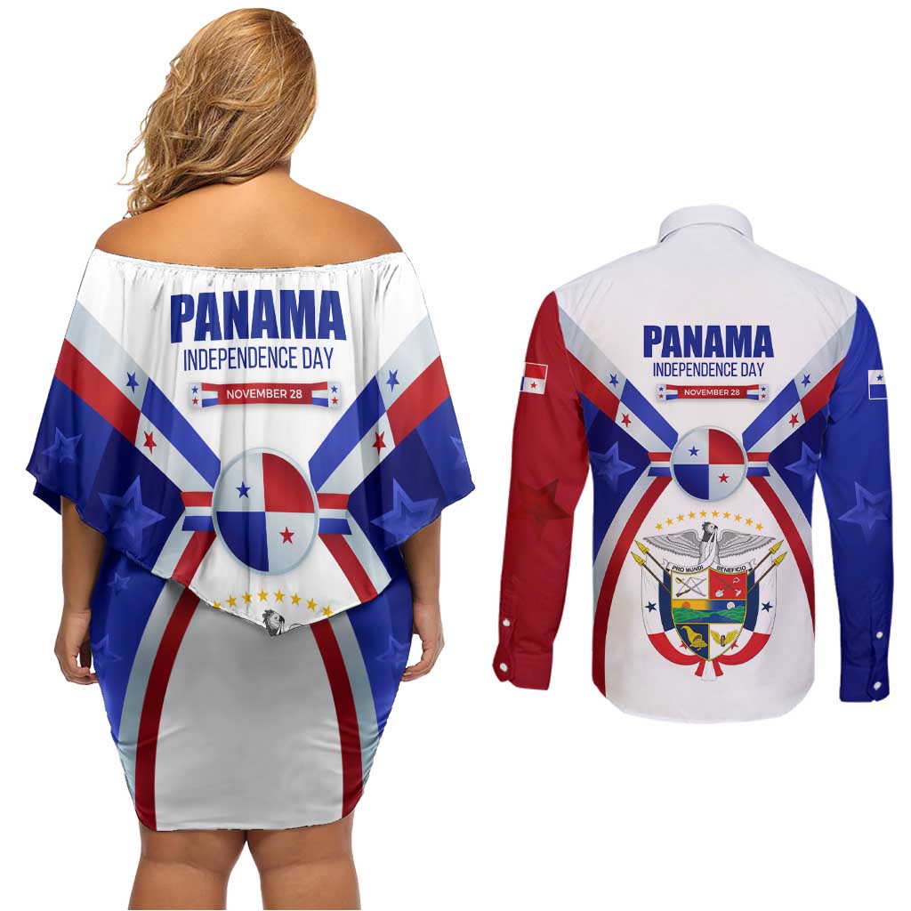 Panama Independence Day Couples Matching Off Shoulder Short Dress and Long Sleeve Button Shirt with National Coat of Arms and Red Blue Star Design - Wonder Print Shop