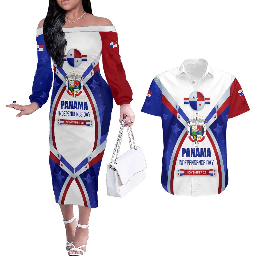 Panama Independence Day Couples Matching Off The Shoulder Long Sleeve Dress and Hawaiian Shirt with National Coat of Arms and Red Blue Star Design - Wonder Print Shop