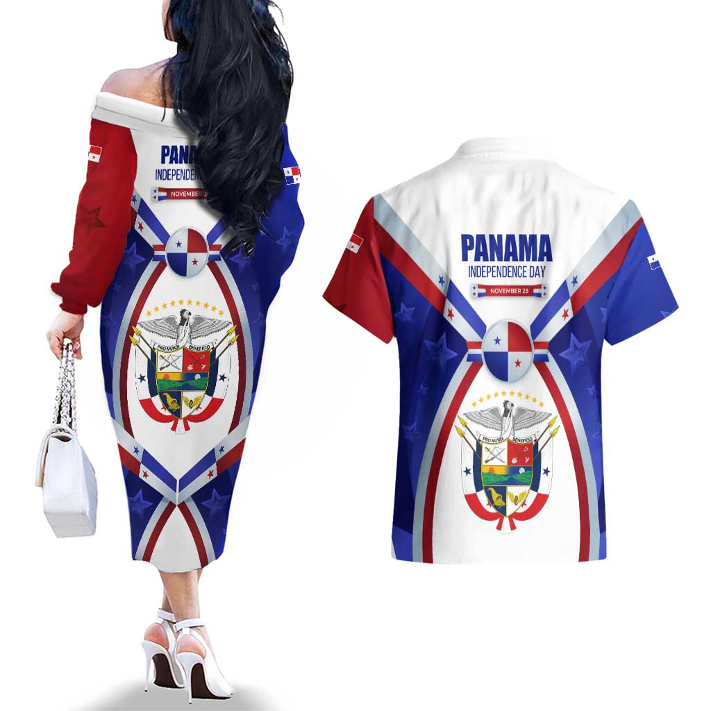 Panama Independence Day Couples Matching Off The Shoulder Long Sleeve Dress and Hawaiian Shirt with National Coat of Arms and Red Blue Star Design - Wonder Print Shop