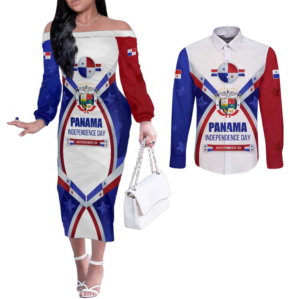 Panama Independence Day Couples Matching Off The Shoulder Long Sleeve Dress and Long Sleeve Button Shirt with National Coat of Arms and Red Blue Star Design - Wonder Print Shop