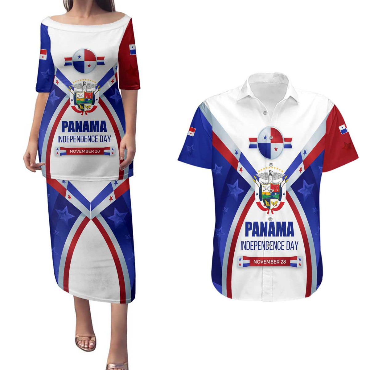 Panama Independence Day Couples Matching Puletasi and Hawaiian Shirt with National Coat of Arms and Red Blue Star Design - Wonder Print Shop