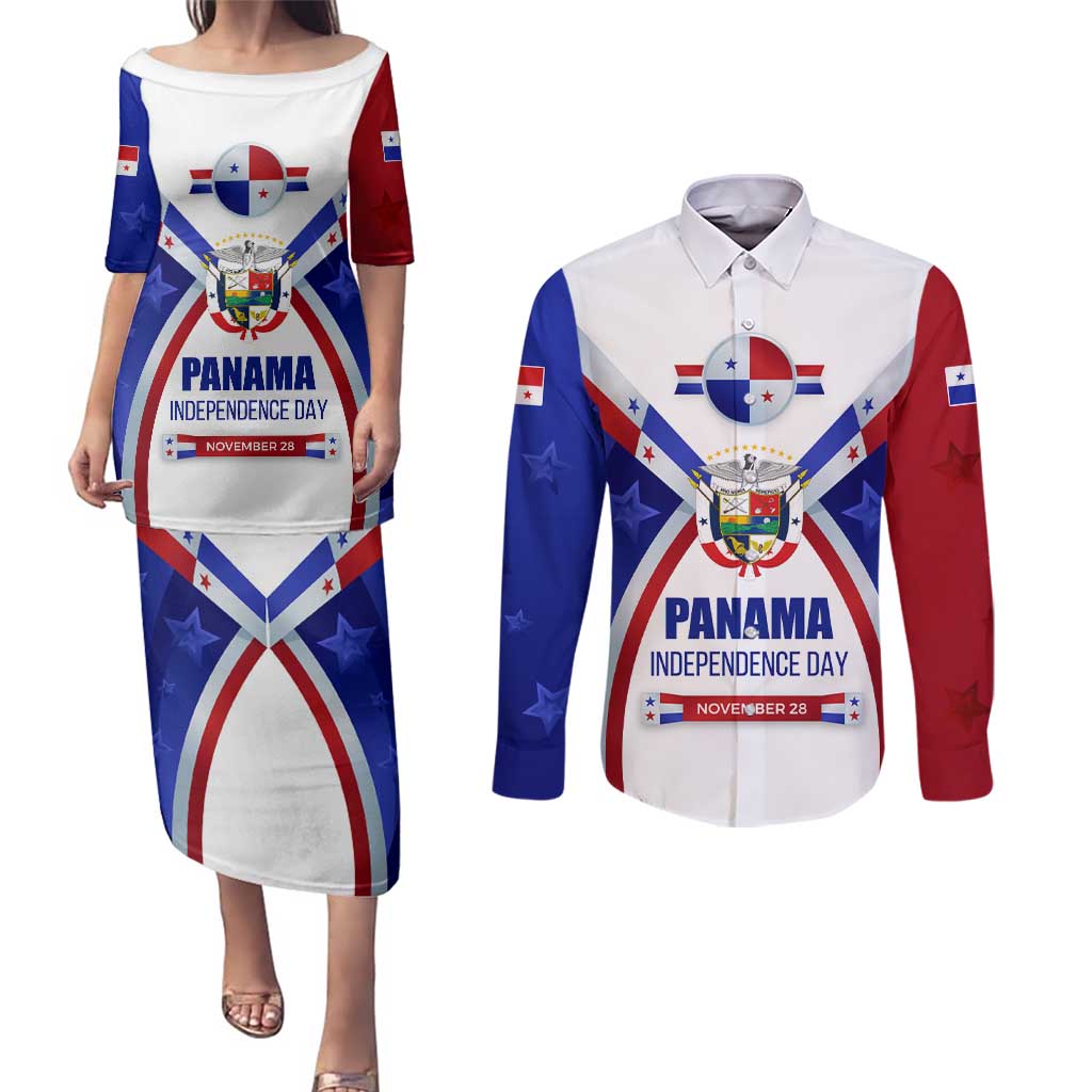 Panama Independence Day Couples Matching Puletasi and Long Sleeve Button Shirt with National Coat of Arms and Red Blue Star Design - Wonder Print Shop