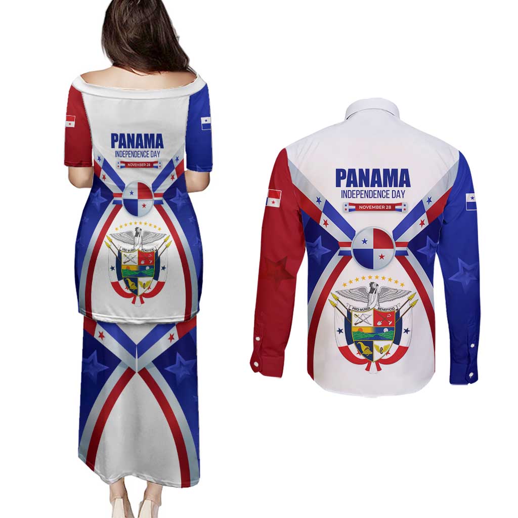 Panama Independence Day Couples Matching Puletasi and Long Sleeve Button Shirt with National Coat of Arms and Red Blue Star Design - Wonder Print Shop