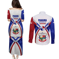 Panama Independence Day Couples Matching Puletasi and Long Sleeve Button Shirt with National Coat of Arms and Red Blue Star Design - Wonder Print Shop