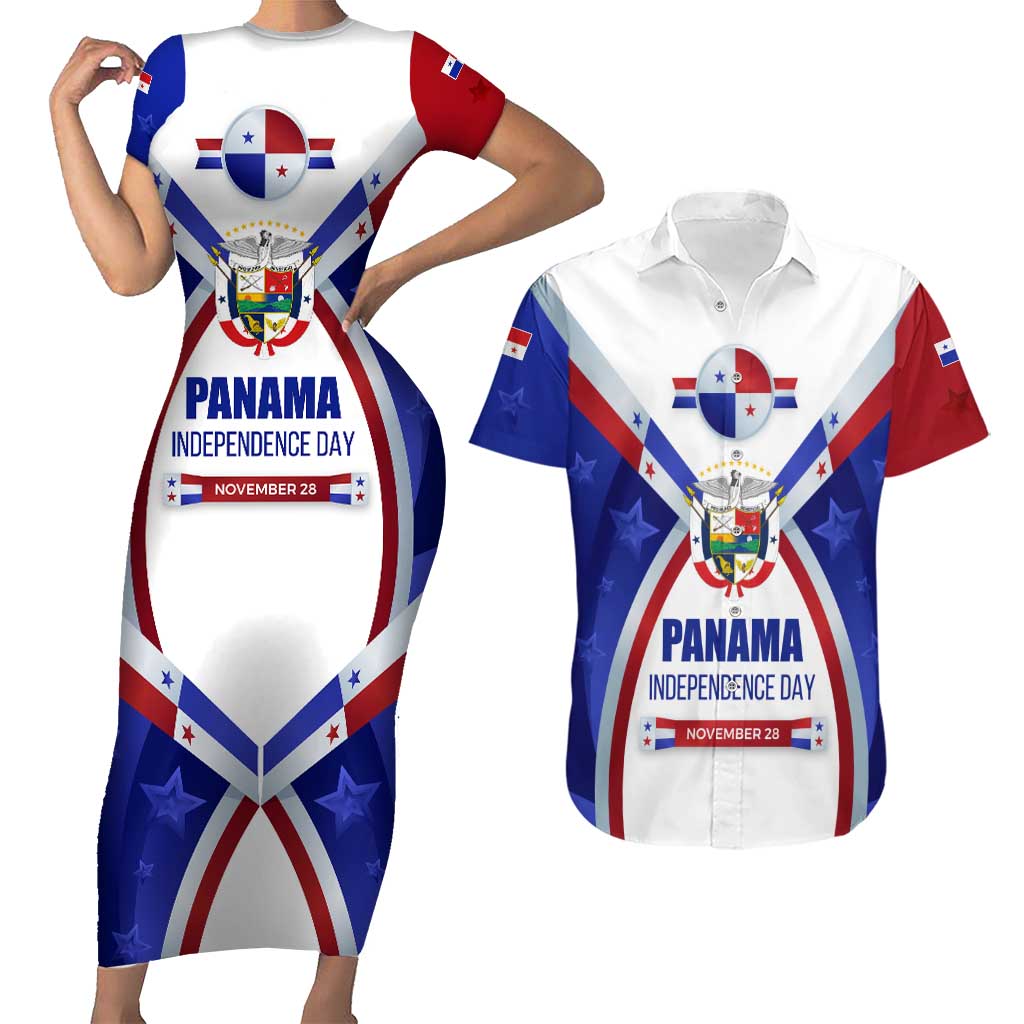 Panama Independence Day Couples Matching Short Sleeve Bodycon Dress and Hawaiian Shirt with National Coat of Arms and Red Blue Star Design - Wonder Print Shop