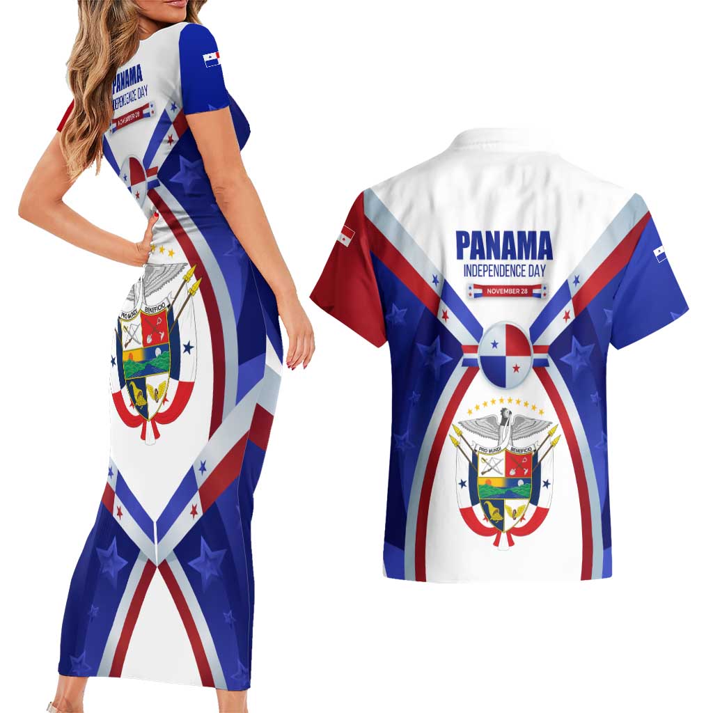 Panama Independence Day Couples Matching Short Sleeve Bodycon Dress and Hawaiian Shirt with National Coat of Arms and Red Blue Star Design - Wonder Print Shop