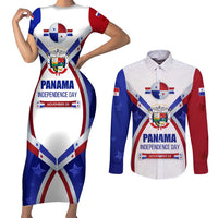 Panama Independence Day Couples Matching Short Sleeve Bodycon Dress and Long Sleeve Button Shirt with National Coat of Arms and Red Blue Star Design - Wonder Print Shop