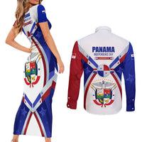 Panama Independence Day Couples Matching Short Sleeve Bodycon Dress and Long Sleeve Button Shirt with National Coat of Arms and Red Blue Star Design - Wonder Print Shop
