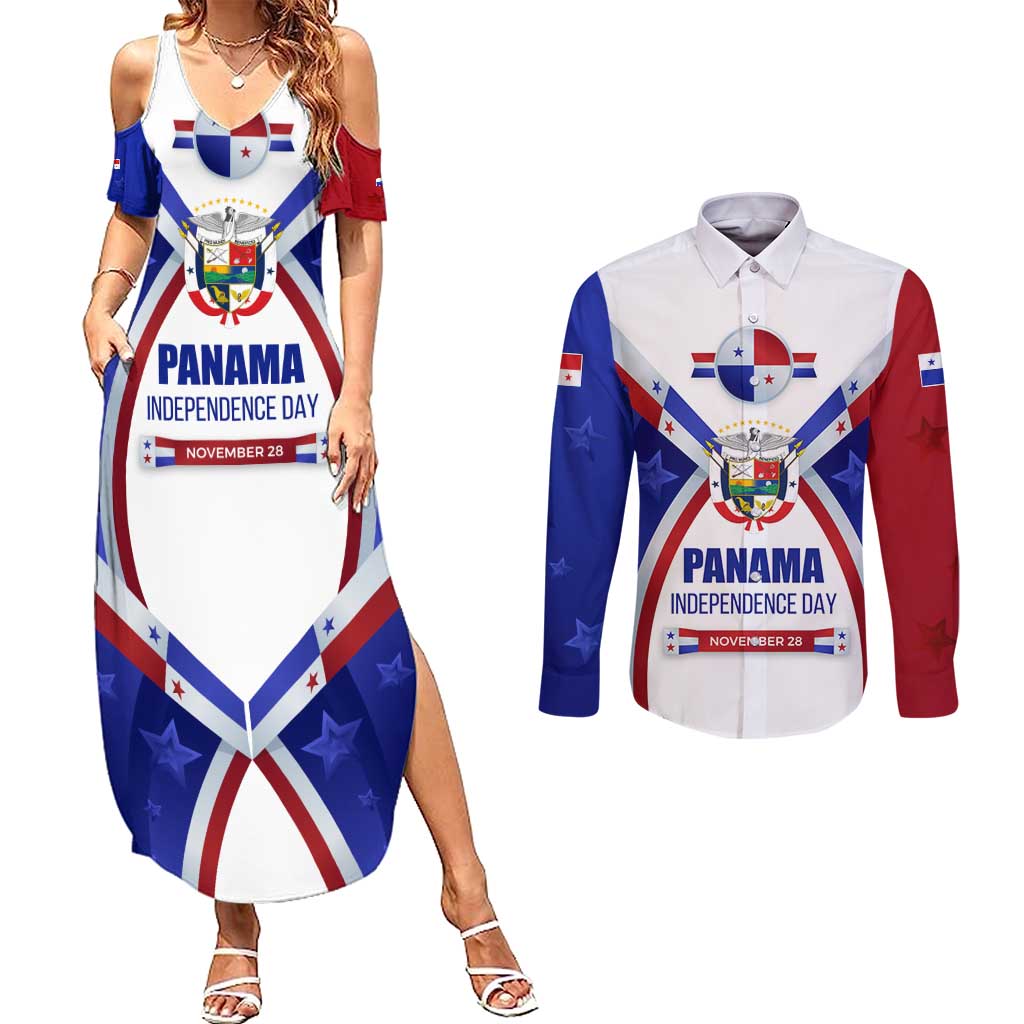 Panama Independence Day Couples Matching Summer Maxi Dress and Long Sleeve Button Shirt with National Coat of Arms and Red Blue Star Design - Wonder Print Shop