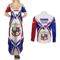 Panama Independence Day Couples Matching Summer Maxi Dress and Long Sleeve Button Shirt with National Coat of Arms and Red Blue Star Design - Wonder Print Shop