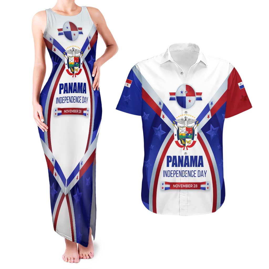 Panama Independence Day Couples Matching Tank Maxi Dress and Hawaiian Shirt with National Coat of Arms and Red Blue Star Design - Wonder Print Shop