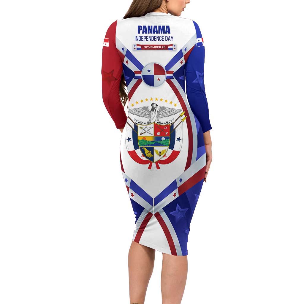 Panama Independence Day Family Matching Long Sleeve Bodycon Dress and Hawaiian Shirt with National Coat of Arms and Red Blue Star Design - Wonder Print Shop