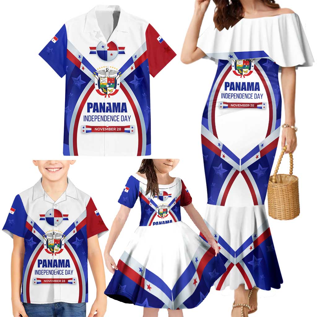 Panama Independence Day Family Matching Mermaid Dress and Hawaiian Shirt with National Coat of Arms and Red Blue Star Design - Wonder Print Shop