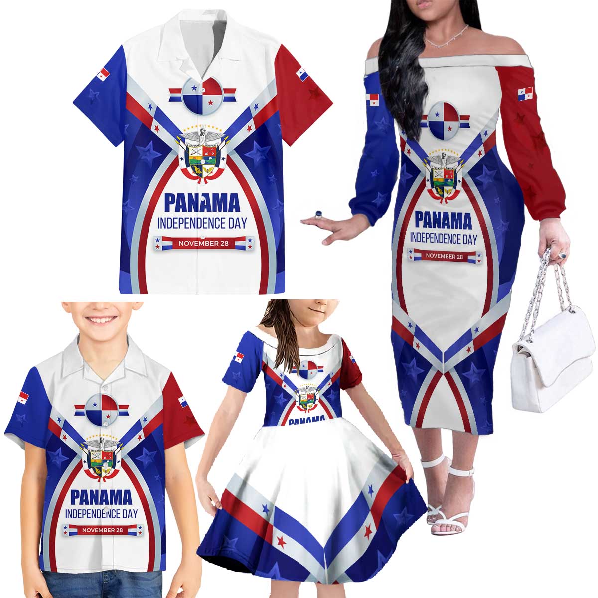 Panama Independence Day Family Matching Off The Shoulder Long Sleeve Dress and Hawaiian Shirt with National Coat of Arms and Red Blue Star Design - Wonder Print Shop