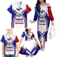Panama Independence Day Family Matching Off The Shoulder Long Sleeve Dress and Hawaiian Shirt with National Coat of Arms and Red Blue Star Design - Wonder Print Shop