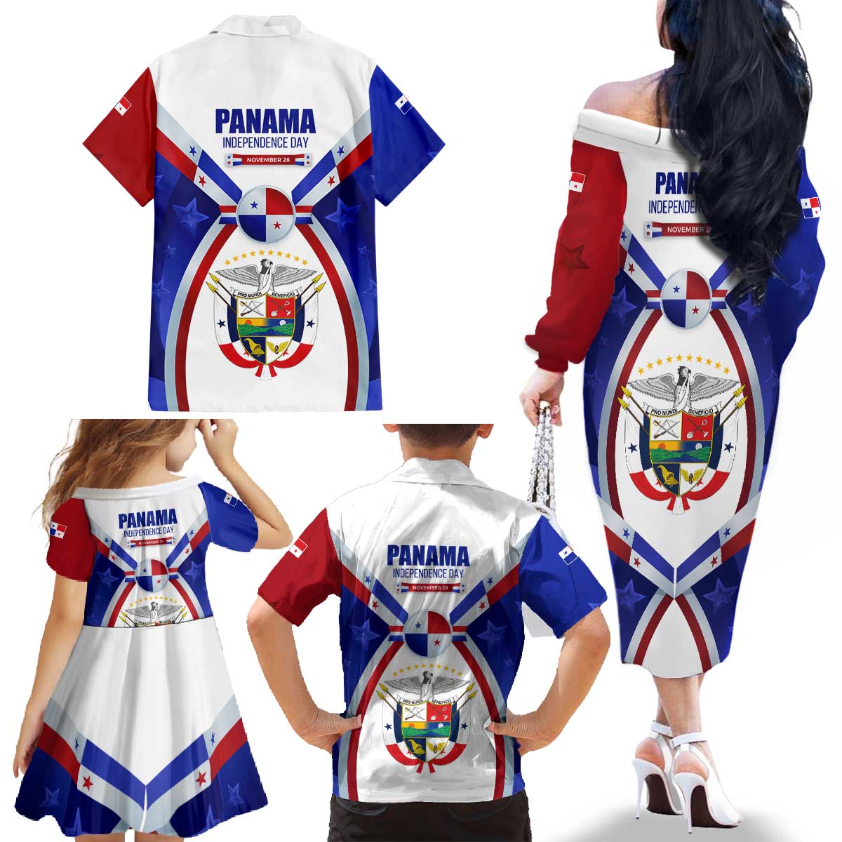 Panama Independence Day Family Matching Off The Shoulder Long Sleeve Dress and Hawaiian Shirt with National Coat of Arms and Red Blue Star Design - Wonder Print Shop