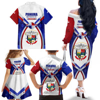 Panama Independence Day Family Matching Off The Shoulder Long Sleeve Dress and Hawaiian Shirt with National Coat of Arms and Red Blue Star Design - Wonder Print Shop