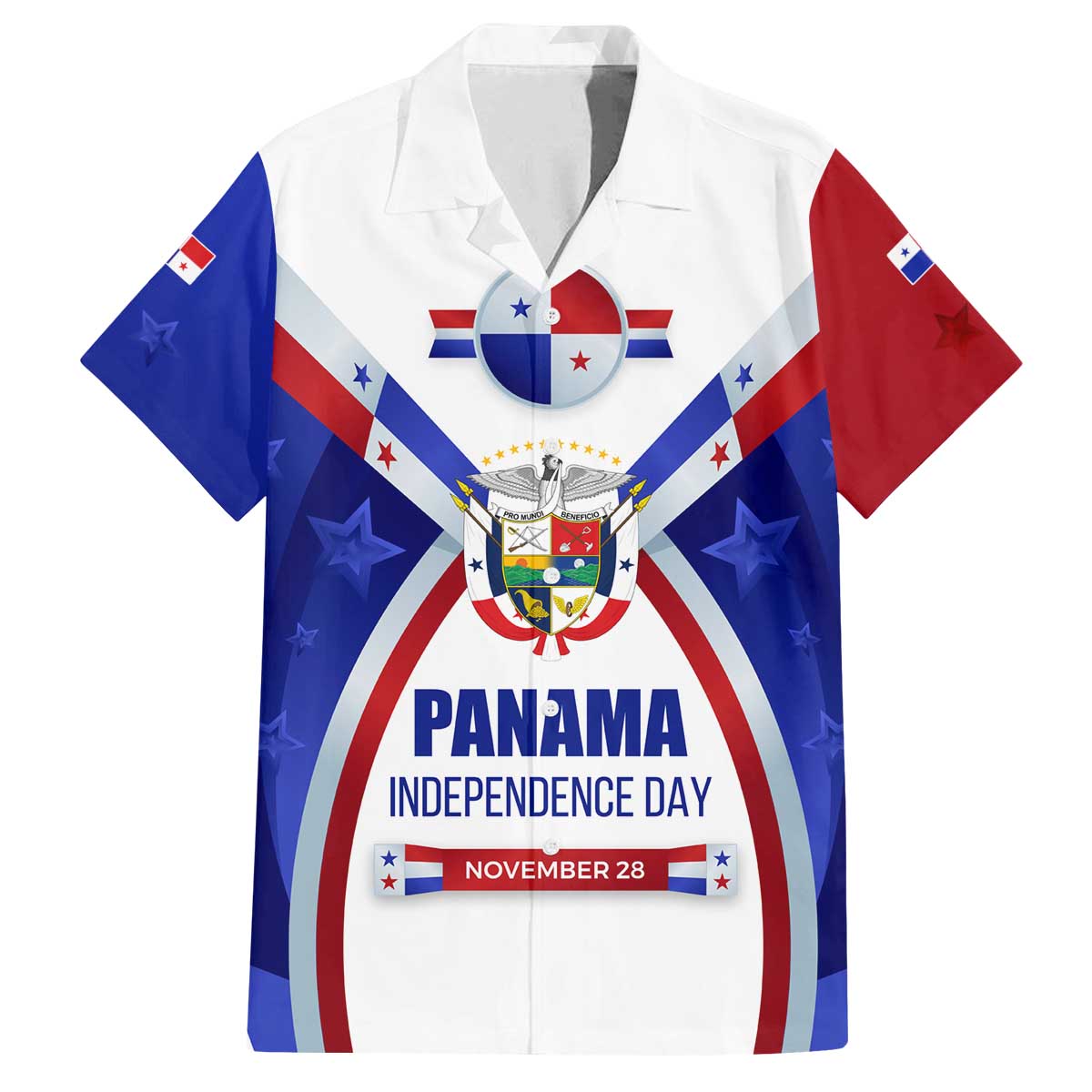 Panama Independence Day Family Matching Off The Shoulder Long Sleeve Dress and Hawaiian Shirt with National Coat of Arms and Red Blue Star Design - Wonder Print Shop