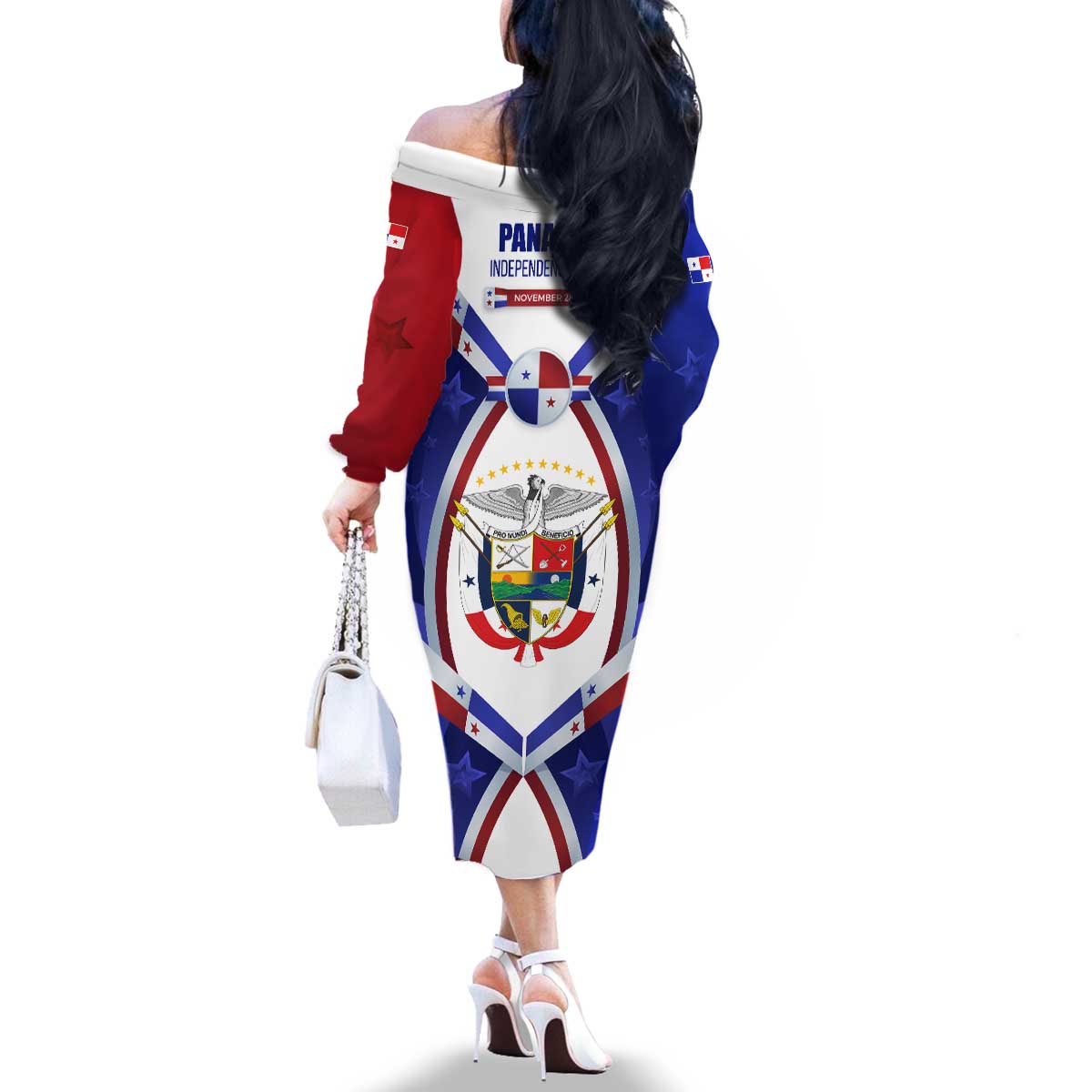 Panama Independence Day Family Matching Off The Shoulder Long Sleeve Dress and Hawaiian Shirt with National Coat of Arms and Red Blue Star Design - Wonder Print Shop