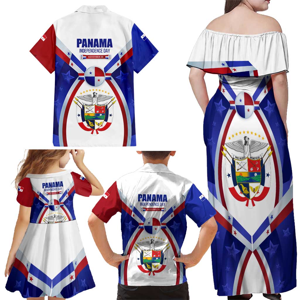 Panama Independence Day Family Matching Off Shoulder Maxi Dress and Hawaiian Shirt with National Coat of Arms and Red Blue Star Design - Wonder Print Shop