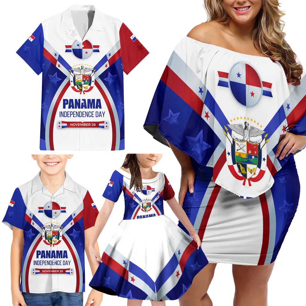 Panama Independence Day Family Matching Off Shoulder Short Dress and Hawaiian Shirt with National Coat of Arms and Red Blue Star Design - Wonder Print Shop