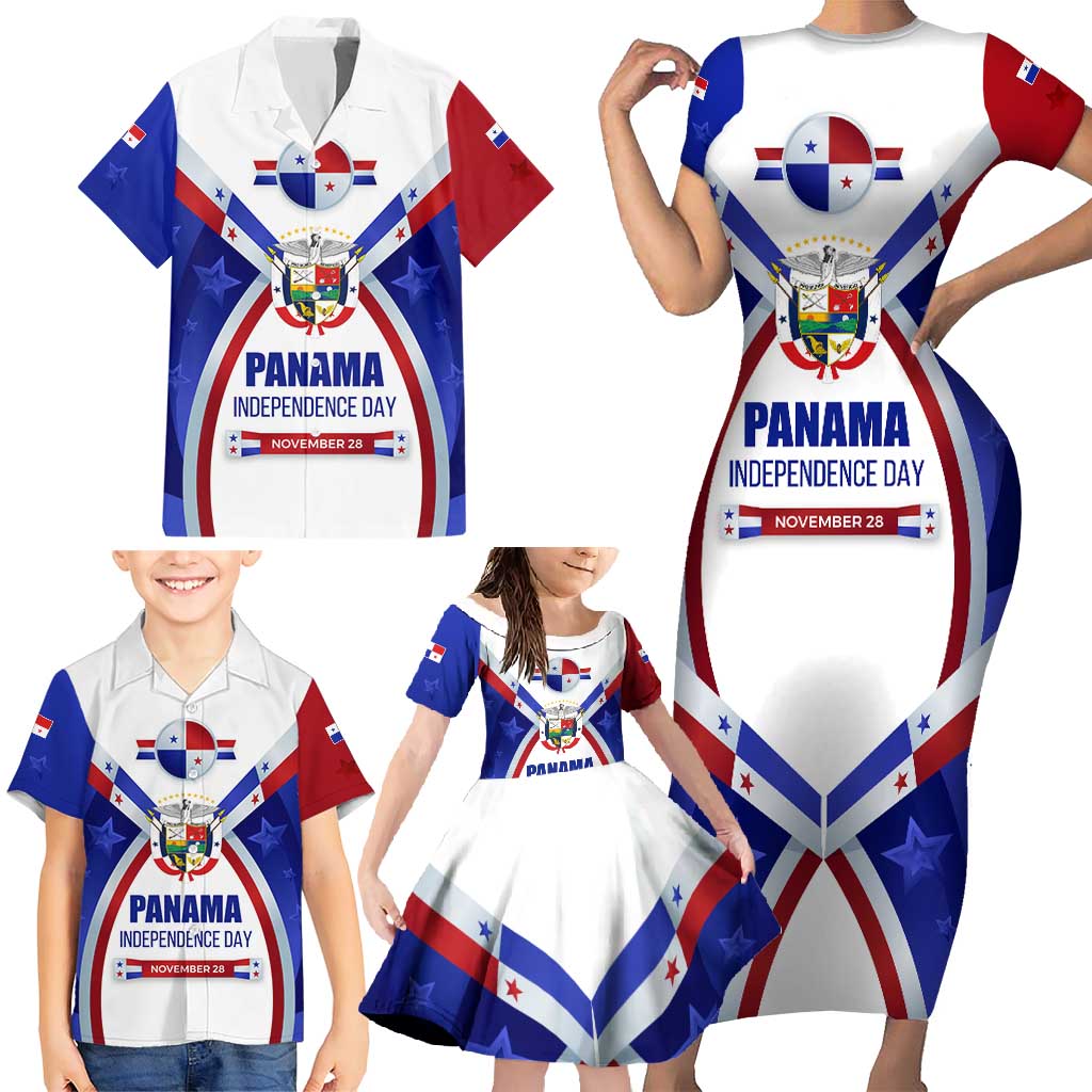 Panama Independence Day Family Matching Short Sleeve Bodycon Dress and Hawaiian Shirt with National Coat of Arms and Red Blue Star Design - Wonder Print Shop