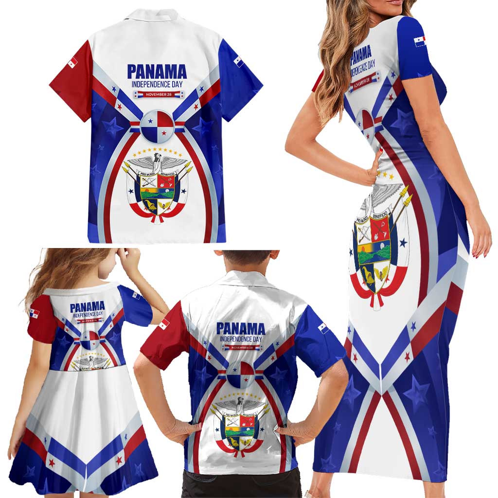 Panama Independence Day Family Matching Short Sleeve Bodycon Dress and Hawaiian Shirt with National Coat of Arms and Red Blue Star Design - Wonder Print Shop