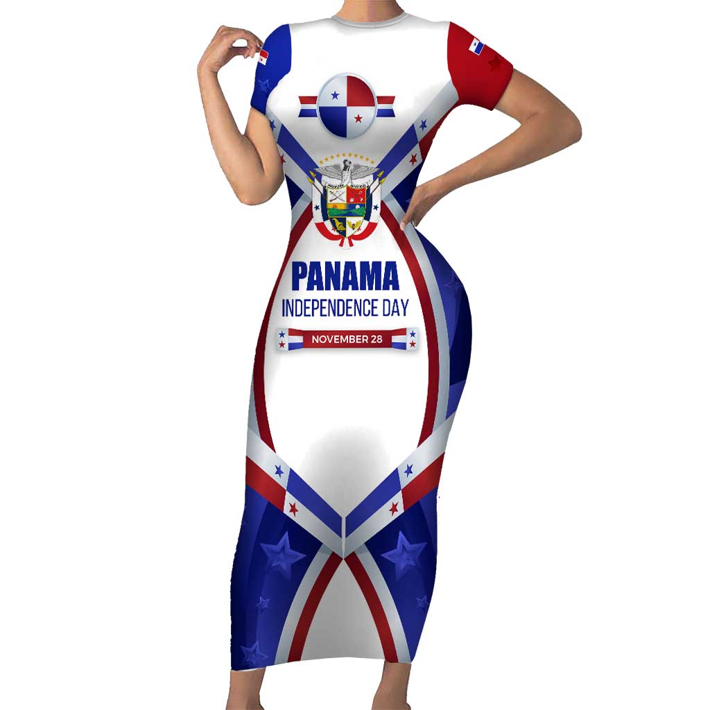 Panama Independence Day Family Matching Short Sleeve Bodycon Dress and Hawaiian Shirt with National Coat of Arms and Red Blue Star Design - Wonder Print Shop