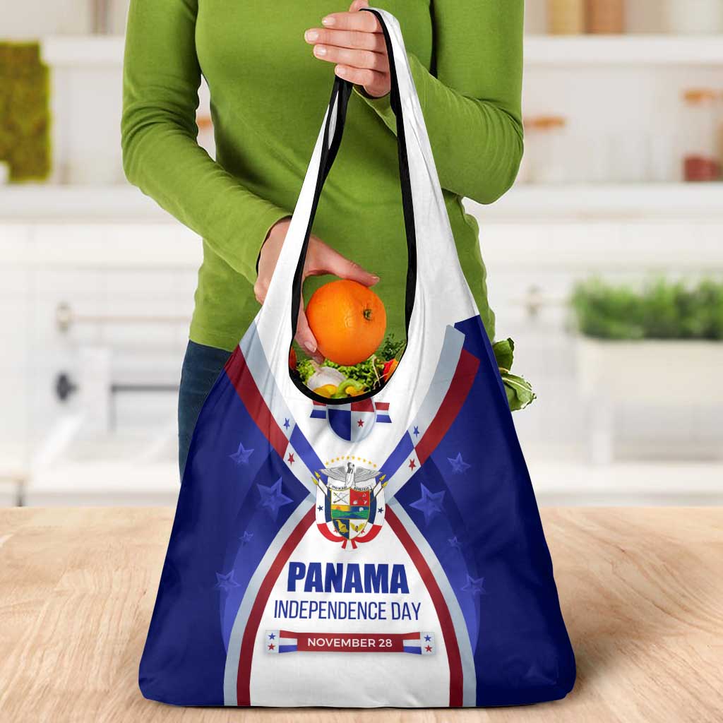 Panama Independence Day Grocery Bag with National Coat of Arms and Red Blue Star Design - Wonder Print Shop