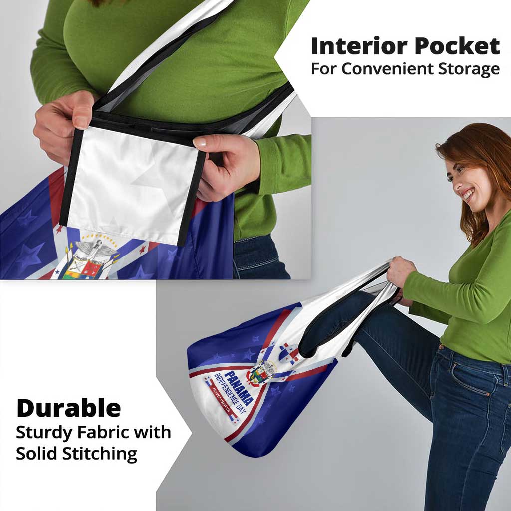 Panama Independence Day Grocery Bag with National Coat of Arms and Red Blue Star Design - Wonder Print Shop