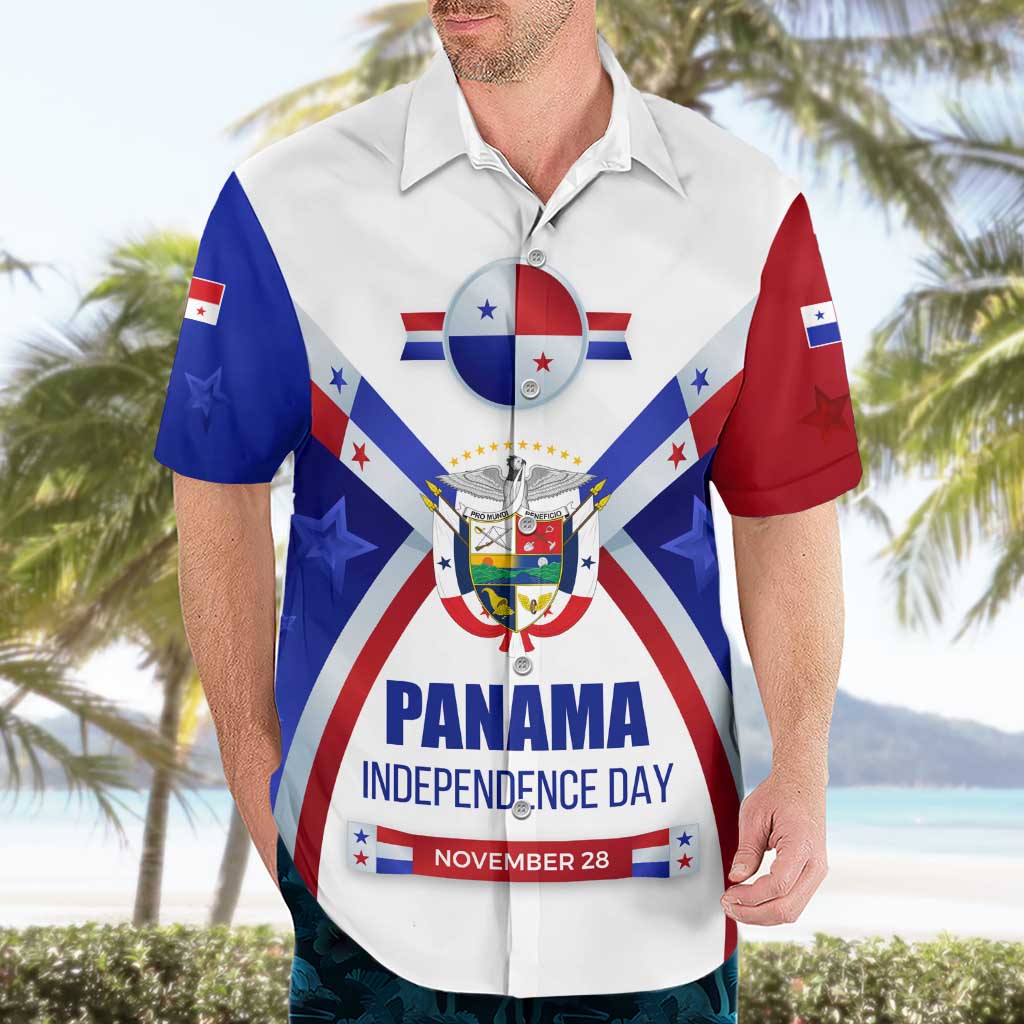 Panama Independence Day Hawaiian Shirt with National Coat of Arms and Red Blue Star Design - Wonder Print Shop