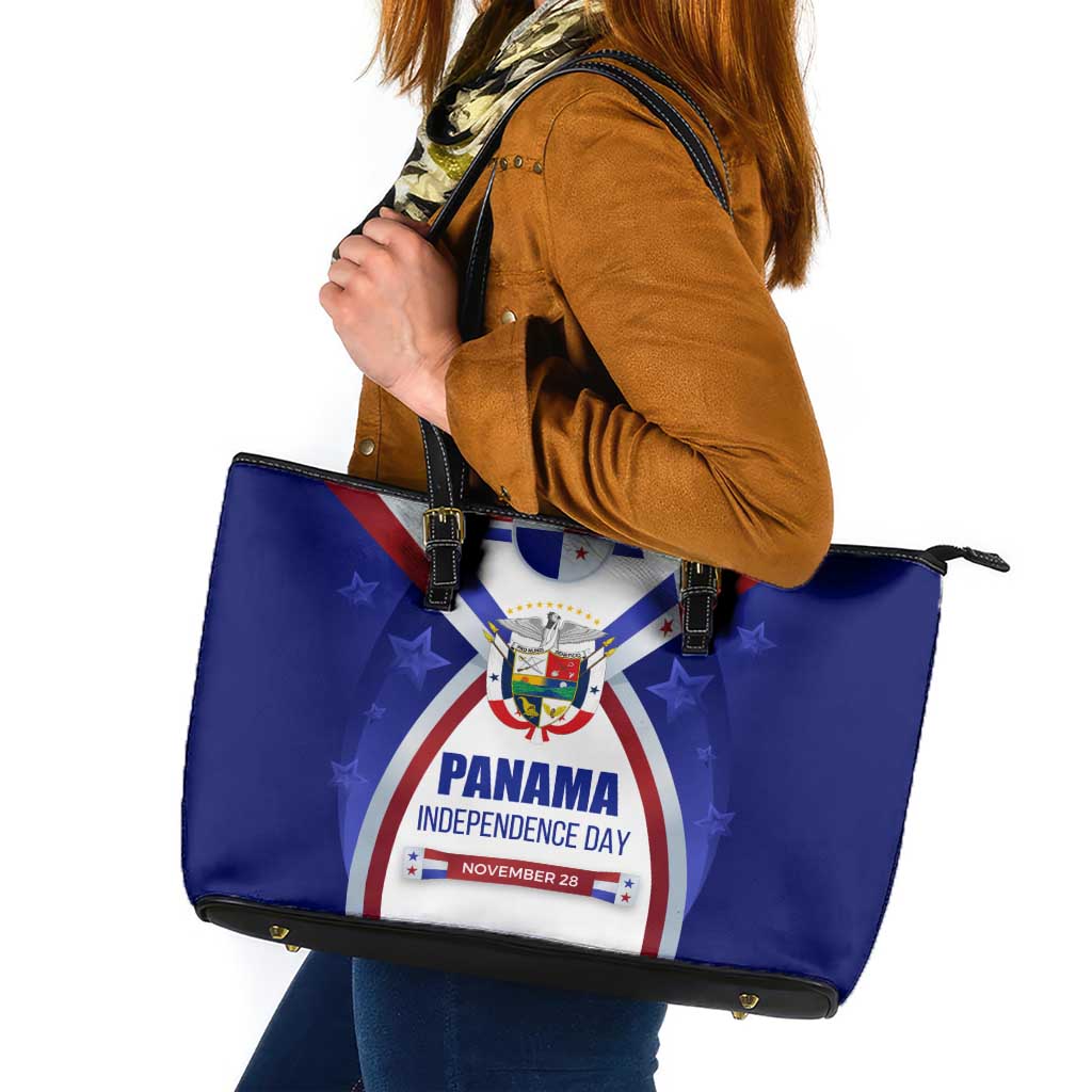 Panama Independence Day Leather Tote Bag with National Coat of Arms and Red Blue Star Design - Wonder Print Shop