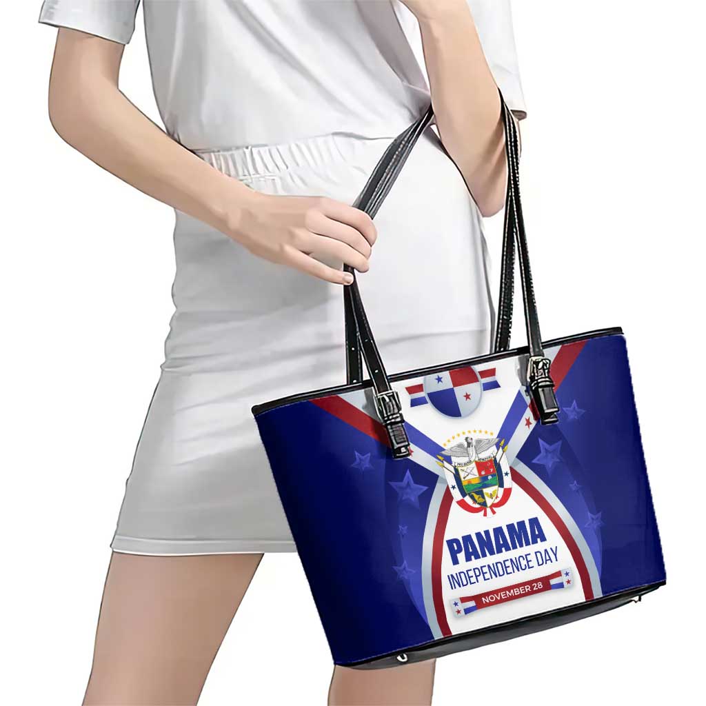 Panama Independence Day Leather Tote Bag with National Coat of Arms and Red Blue Star Design - Wonder Print Shop