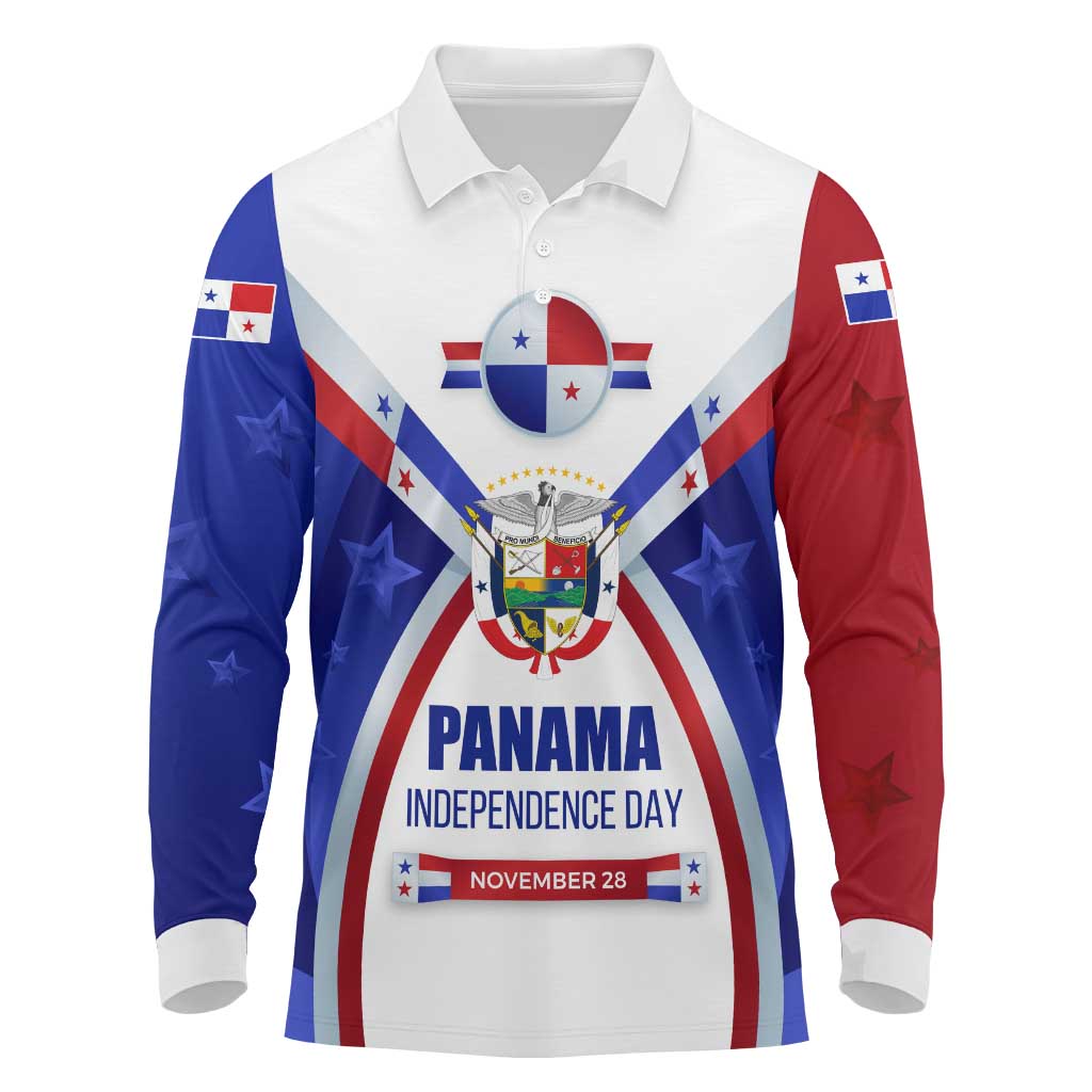 Panama Independence Day Long Sleeve Polo Shirt with National Coat of Arms and Red Blue Star Design - Wonder Print Shop