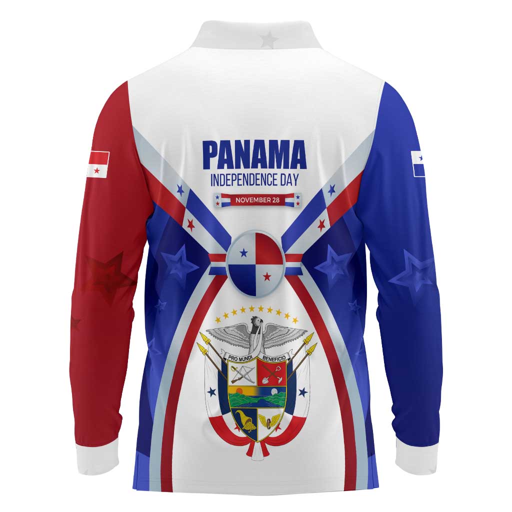 Panama Independence Day Long Sleeve Polo Shirt with National Coat of Arms and Red Blue Star Design - Wonder Print Shop
