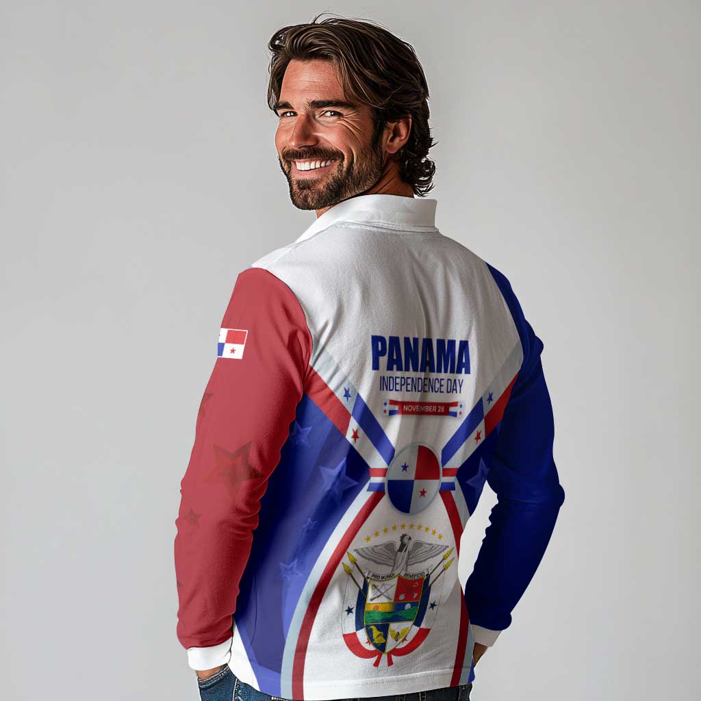 Panama Independence Day Long Sleeve Polo Shirt with National Coat of Arms and Red Blue Star Design - Wonder Print Shop