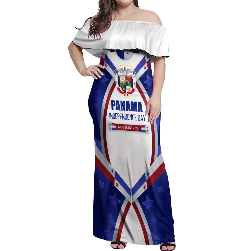 Panama Independence Day Off Shoulder Maxi Dress with National Coat of Arms and Red Blue Star Design - Wonder Print Shop