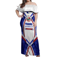 Panama Independence Day Off Shoulder Maxi Dress with National Coat of Arms and Red Blue Star Design - Wonder Print Shop