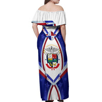 Panama Independence Day Off Shoulder Maxi Dress with National Coat of Arms and Red Blue Star Design - Wonder Print Shop