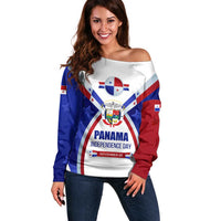 Panama Independence Day Off Shoulder Sweater with National Coat of Arms and Red Blue Star Design - Wonder Print Shop