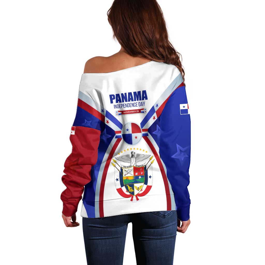 Panama Independence Day Off Shoulder Sweater with National Coat of Arms and Red Blue Star Design - Wonder Print Shop