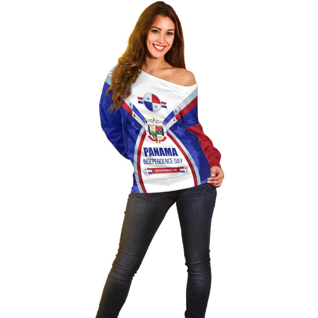 Panama Independence Day Off Shoulder Sweater with National Coat of Arms and Red Blue Star Design - Wonder Print Shop