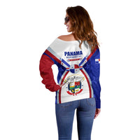 Panama Independence Day Off Shoulder Sweater with National Coat of Arms and Red Blue Star Design - Wonder Print Shop