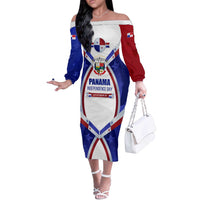 Panama Independence Day Off The Shoulder Long Sleeve Dress with National Coat of Arms and Red Blue Star Design - Wonder Print Shop