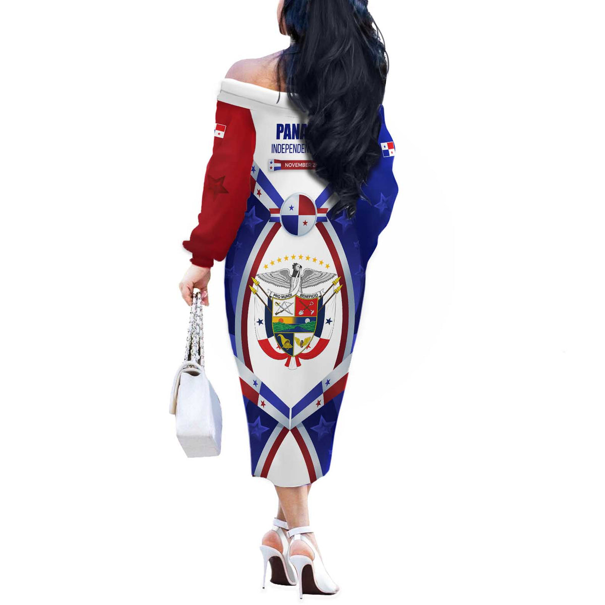 Panama Independence Day Off The Shoulder Long Sleeve Dress with National Coat of Arms and Red Blue Star Design - Wonder Print Shop