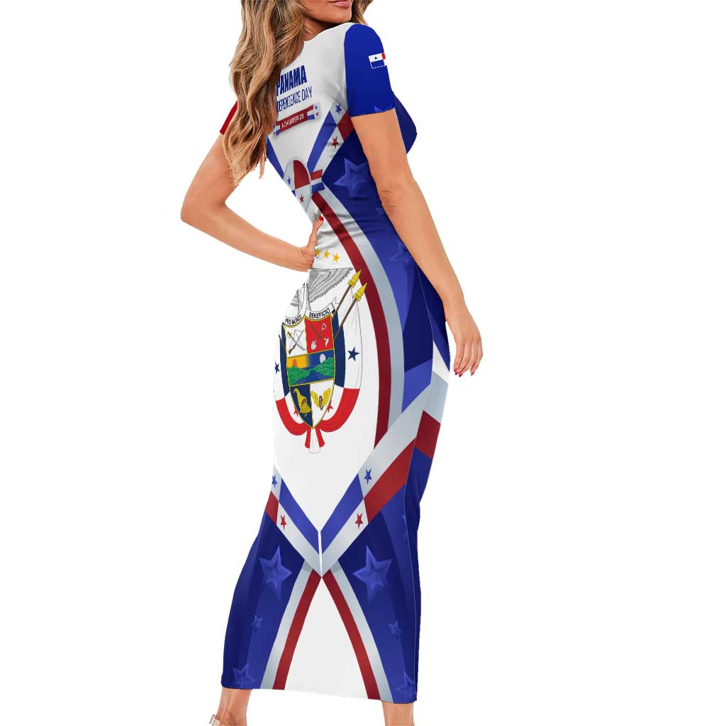 Panama Independence Day Short Sleeve Bodycon Dress with National Coat of Arms and Red Blue Star Design - Wonder Print Shop