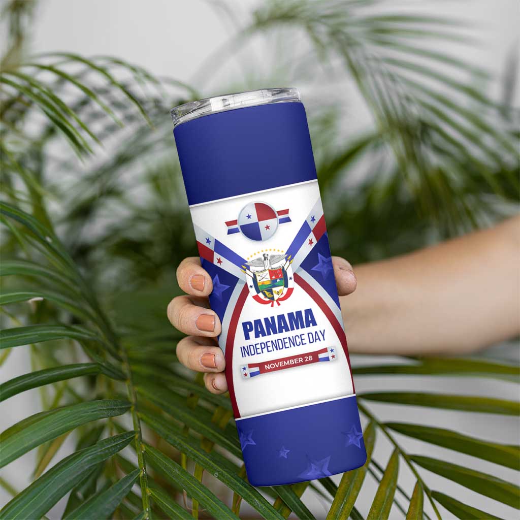 Panama Independence Day Skinny Tumbler with National Coat of Arms and Red Blue Star Design - Wonder Print Shop