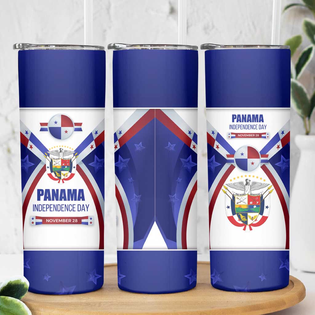 Panama Independence Day Skinny Tumbler with National Coat of Arms and Red Blue Star Design - Wonder Print Shop