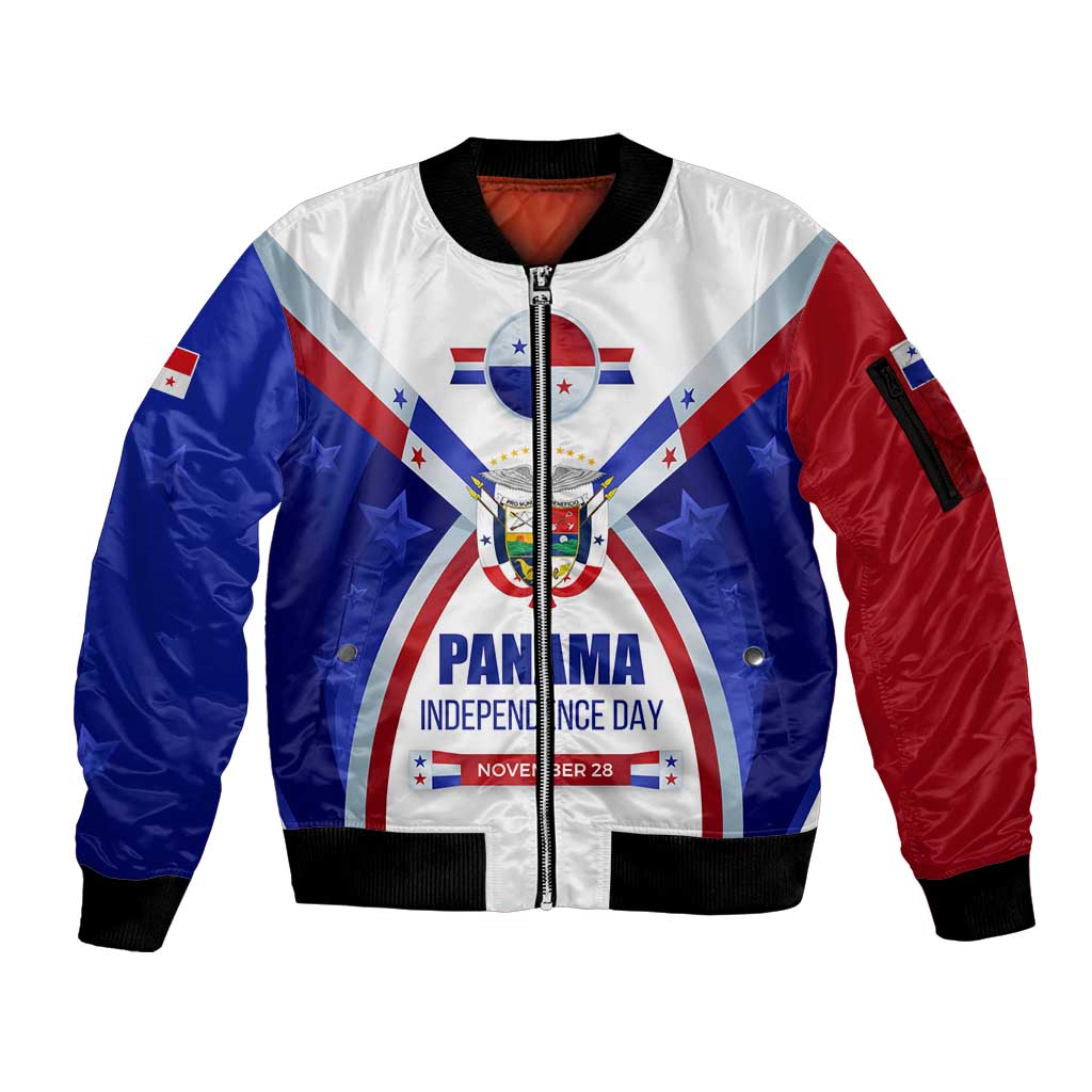 Panama Independence Day Sleeve Zip Bomber Jacket with National Coat of Arms and Red Blue Star Design - Wonder Print Shop